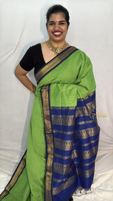 Vriksham Light Green With Blue Border-Vairaoosi Podi Kattam-Kalyani Cotton Saree-VS4591